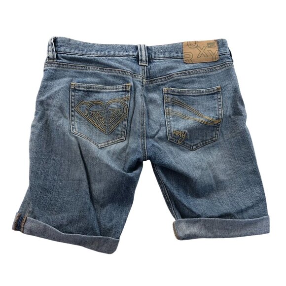Roxy Womens Jean Shorts Size 3 Embroidered Blue Denim Cuffed Casual Stretch Y2K - Picture 2 of 14